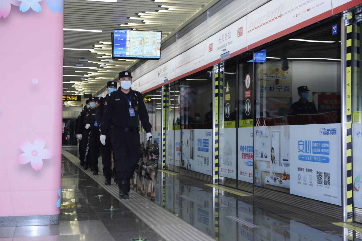 民警携警犬在太原地铁二号线巡逻。王霜红摄