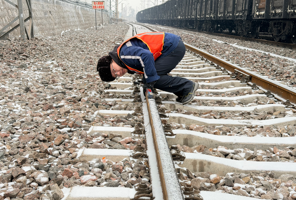 馬帥測量鐵軌的高低。